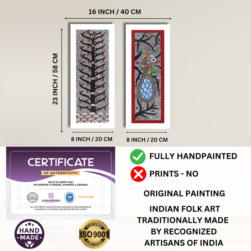 Handmade Madhubani Painting Set of 2 – Tree of life & Peacock 8x23