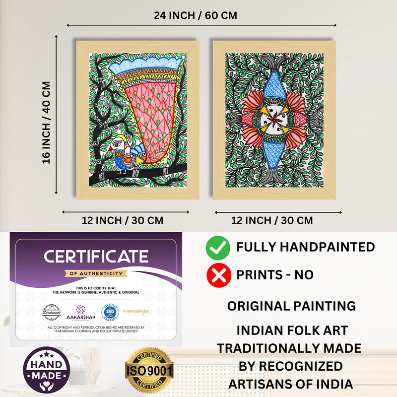 Handmade Madhubani Painting Set of 2 –  Peacock and Fish  12x16