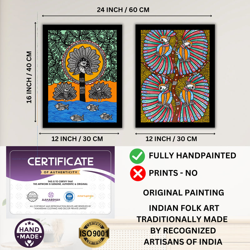 Handmade Madhubani Painting Set of 2 – Peacock 12x16
