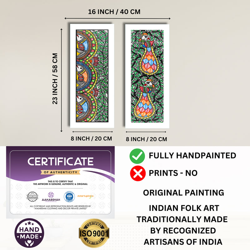 Handmade Madhubani Painting Set of 2 – Fish & Peacock Wall Decor 8x23