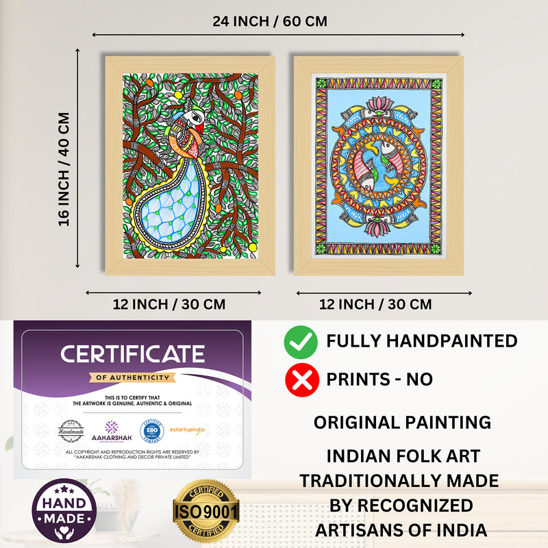 Handmade Madhubani Painting Set of 2 –  Peacock and Fish  12x16