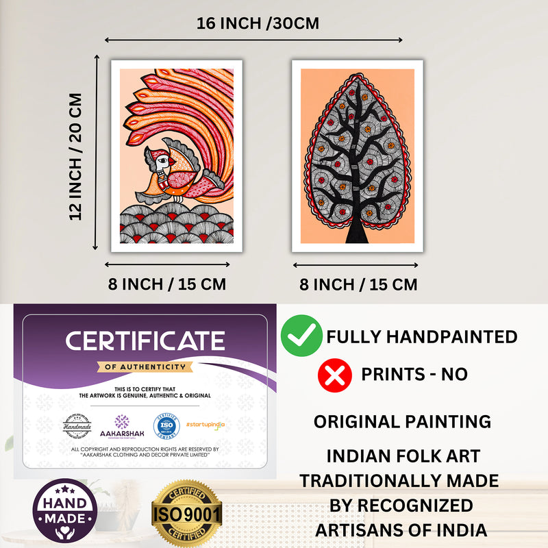 Handmade Peacock and Tree of life Madhubani Painting 8x12 Set of 2