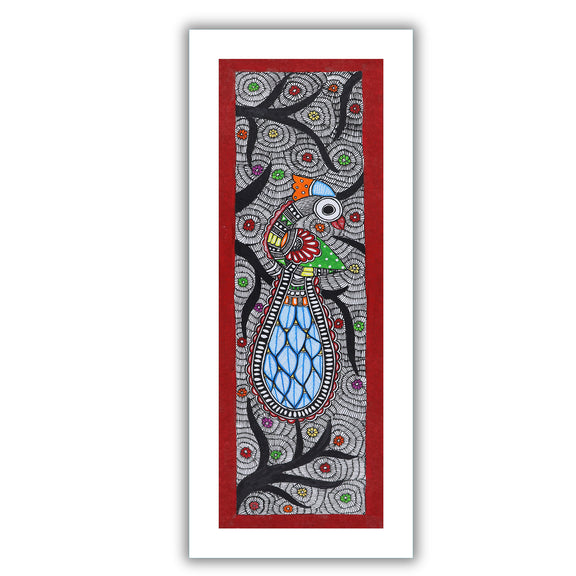 Framed artwork of a colorful peacock-with handmade madhubani painting 