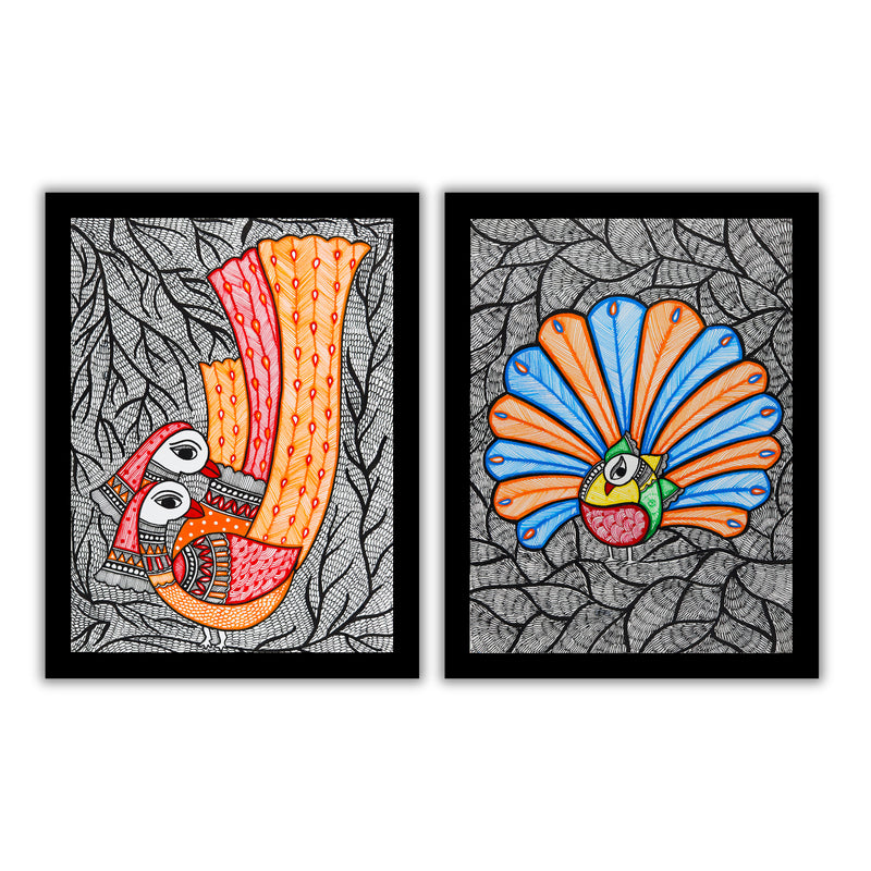 Handmade Madhubani Painting Set of 2 –  Peacock 12x16