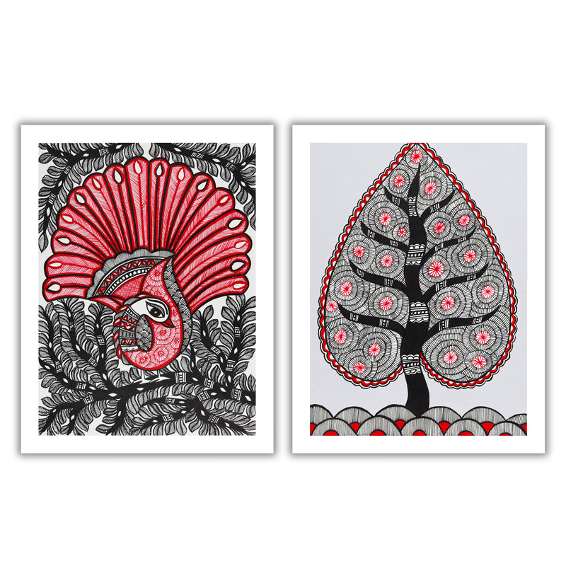 Handmade Madhubani Painting Set of 2 – Peacock and Tree of life 12x16