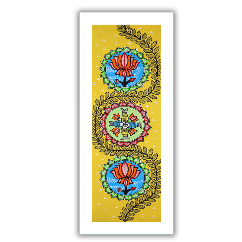 Handmade Madhubani art Lotus Painting Framed Indian Wall Decor 8x23 Inch