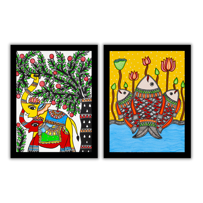 Handmade Madhubani Painting Set of 2 – Elephant and Fish  12x16