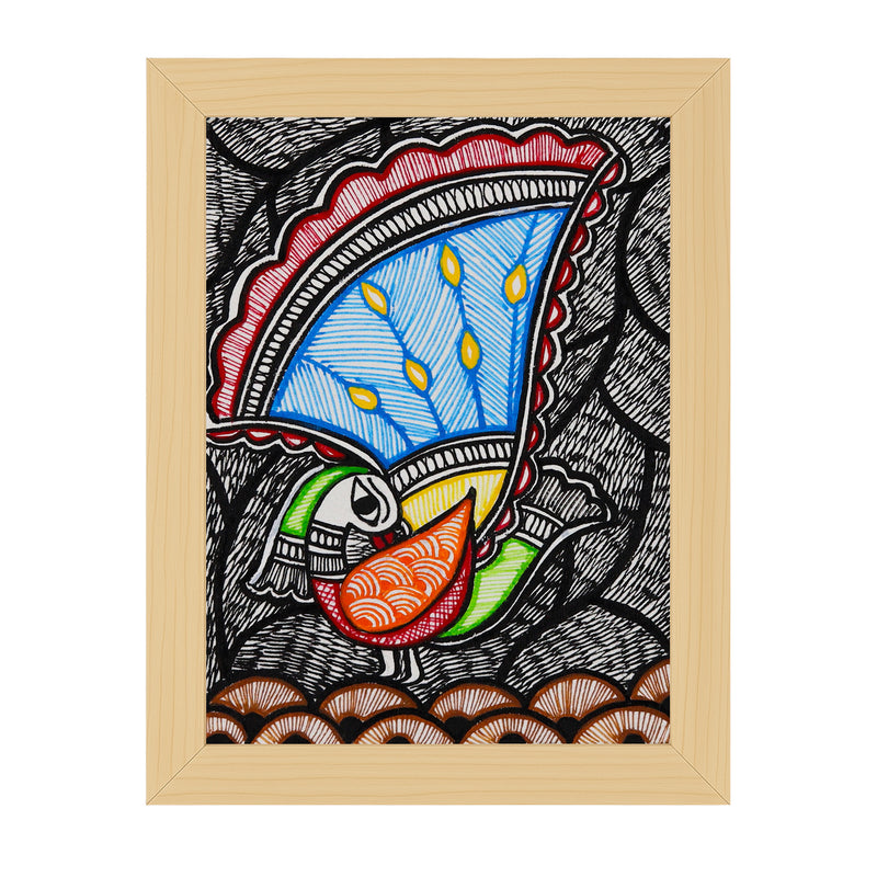 Handmade Madhubani Peacock Painting 6x8 Inch Framed Indian Wall Decor