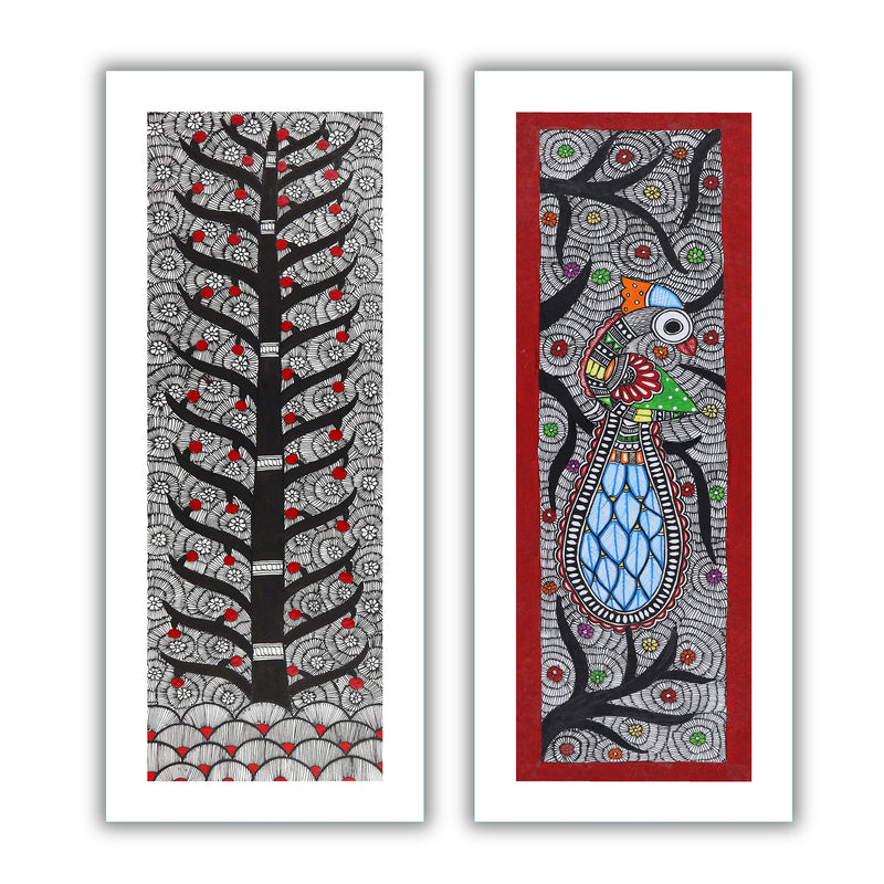 Handmade Madhubani Painting Set of 2 – Tree of life & Peacock 8x23