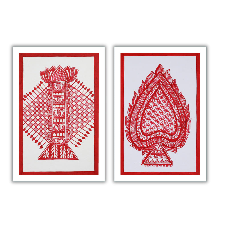 Handmade Bamboo and Paan  Madhubani Painting 8x12 Set of 2