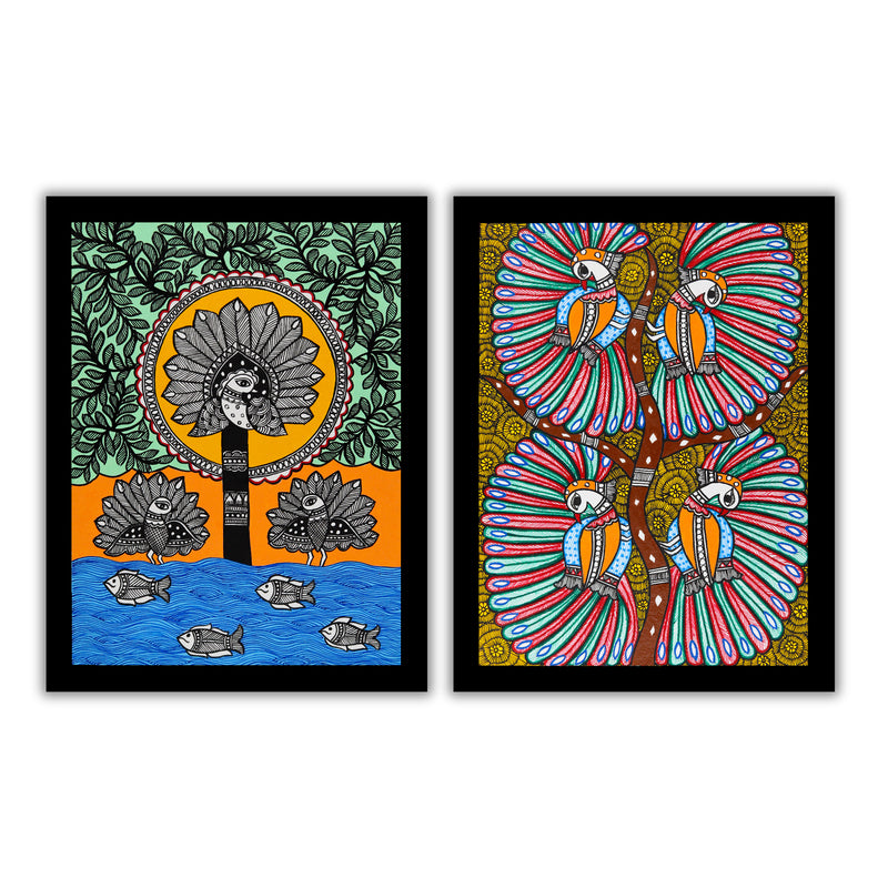 Handmade Madhubani Painting Set of 2 – Peacock 12x16