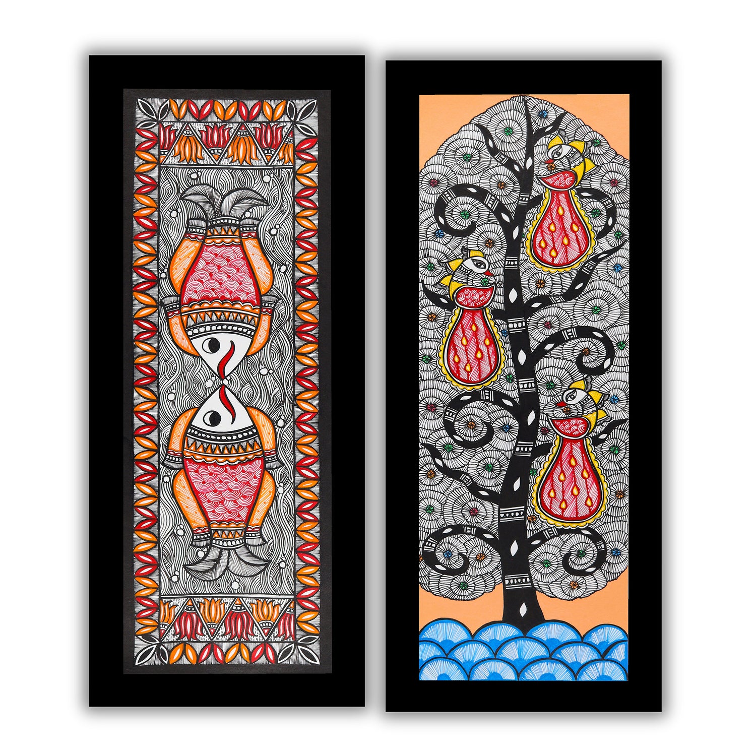 Handmade Madhubani Painting Set of 2 –Fish and Peacock  Wall Decor 8x23