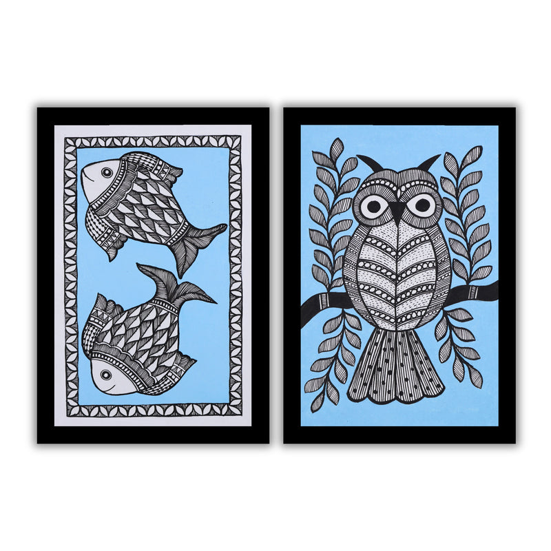 Handmade Fish and Owl Madhubani Painting 8x12 Set of 2