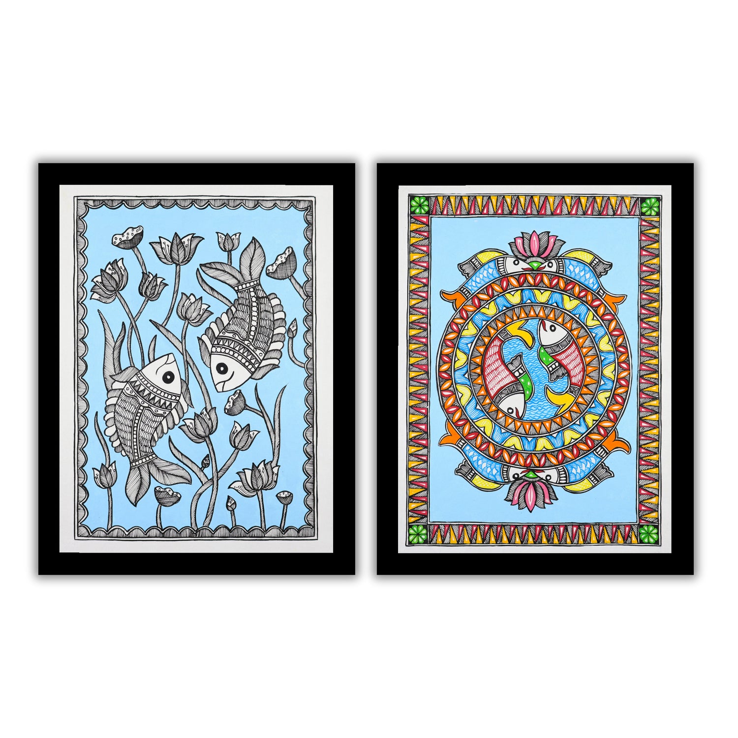 Handmade Madhubani Painting Set of 2 – Fish 12x16