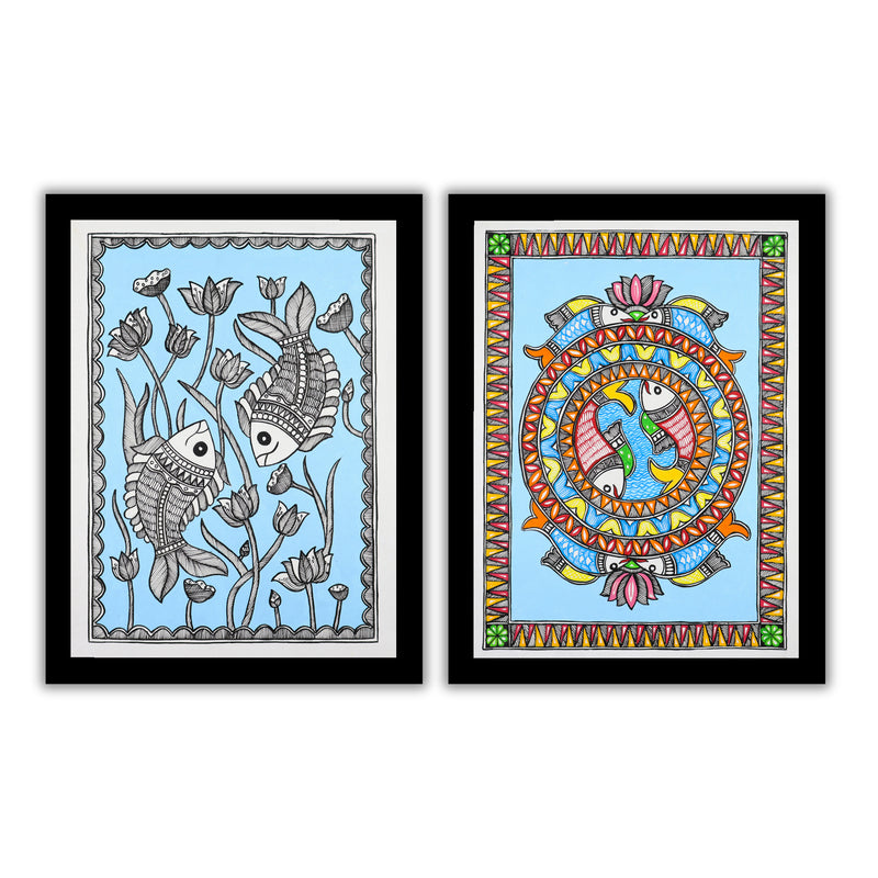 Handmade Madhubani Painting Set of 2 – Fish 12x16