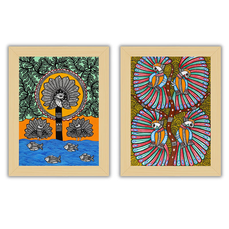 Handmade Madhubani Painting Set of 2 – Peacock 12x16