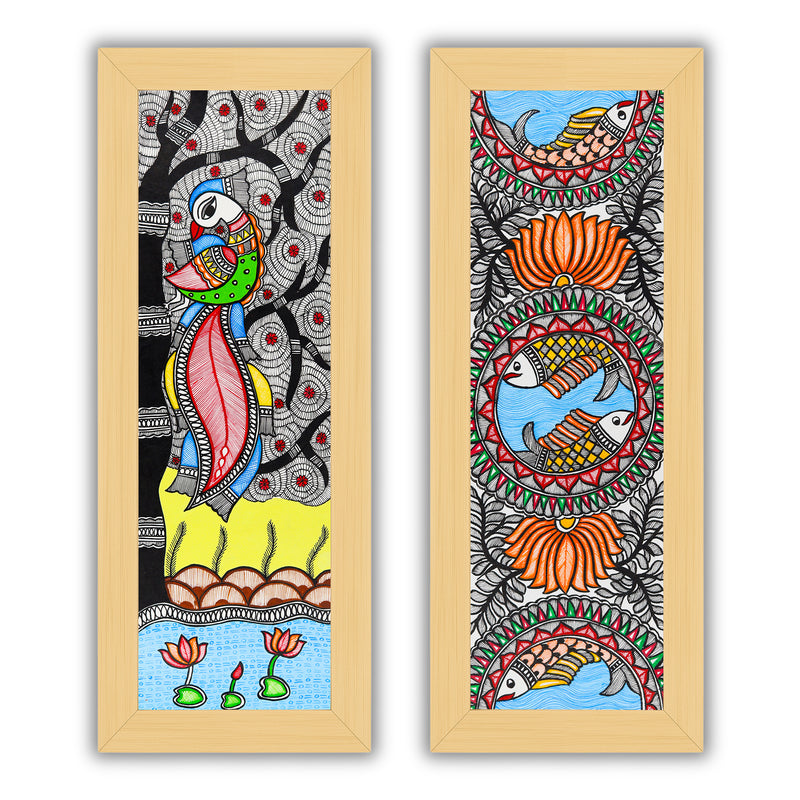 Handmade Madhubani Painting Set of 2 – Peacock and Fish Wall Decor 8x23