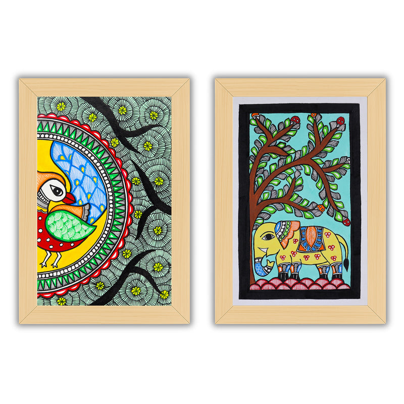 Handmade Peacock and Elephant Madhubani Painting 8x12 Set of 2