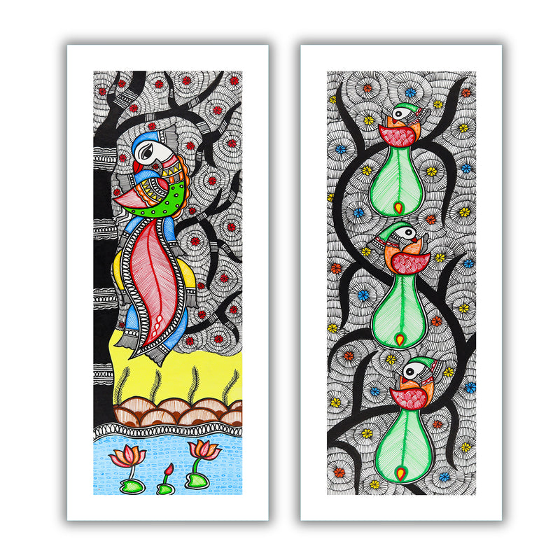 Handmade Madhubani Painting Set of 2 – Peacock and Peacock Wall Decor 8x23