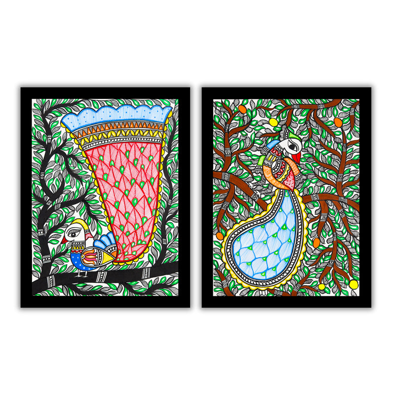 Handmade Madhubani Painting Set of 2 –  Peacock 12x16