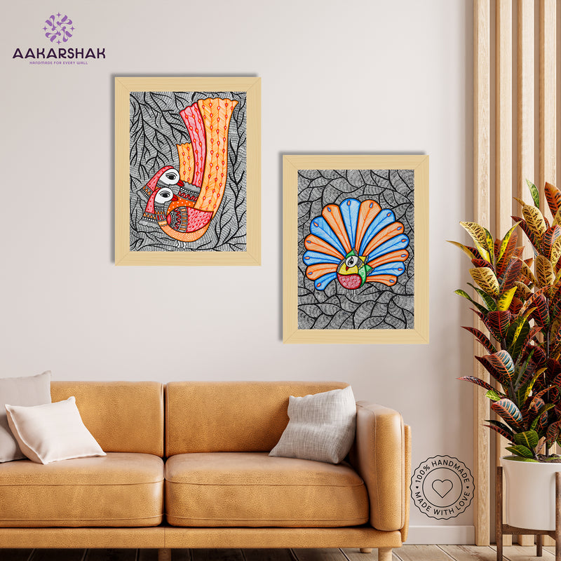 Handmade Madhubani Painting Set of 2 –  Peacock 12x16