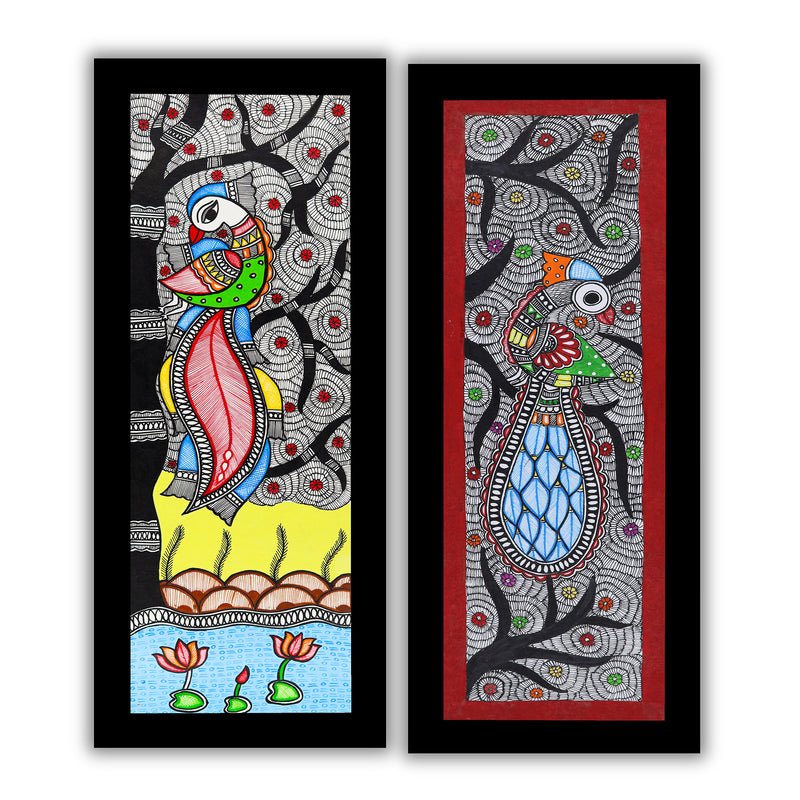 Handmade Madhubani Painting Set of 2 – Peacock and Peacock Wall Decor 8x23