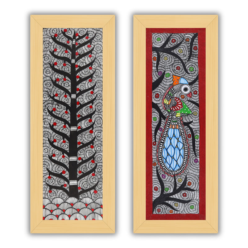 Handmade Madhubani Painting Set of 2 – Tree of life & Peacock 8x23