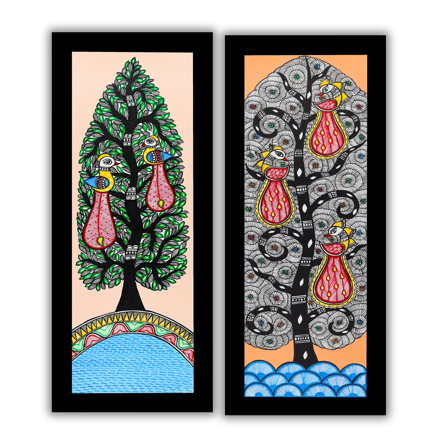 Handmade Madhubani Painting Set of 2 – Peacock and Peacock Wall Decor 8x23