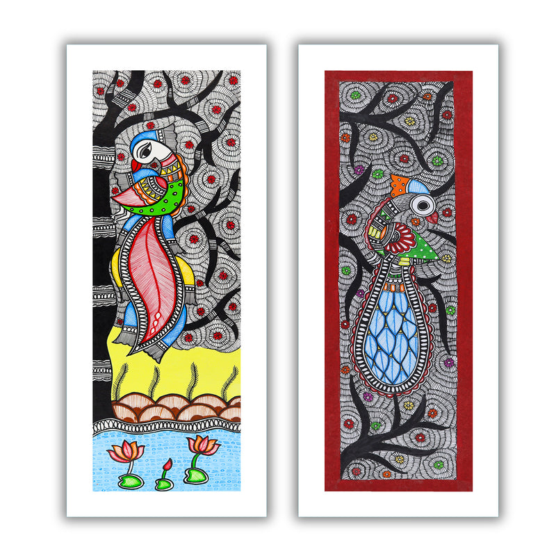 Handmade Madhubani Painting Set of 2 – Peacock and Peacock Wall Decor 8x23