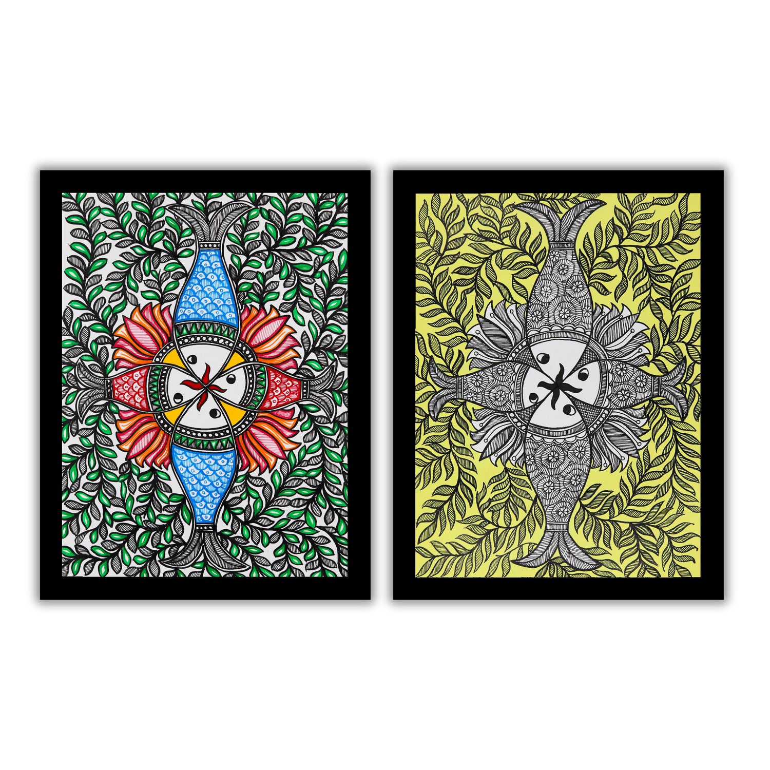 Handmade Madhubani Painting Set of 2 – Fish 12x16