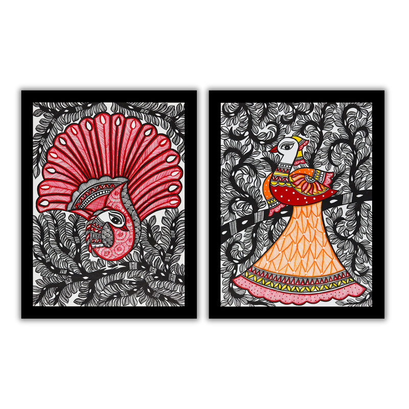 Handmade Madhubani Painting Set of 2 – Dancing peacock 12x16