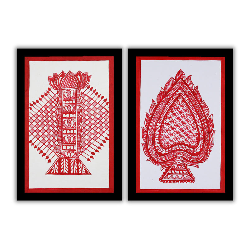 Handmade Bamboo and Paan  Madhubani Painting 8x12 Set of 2
