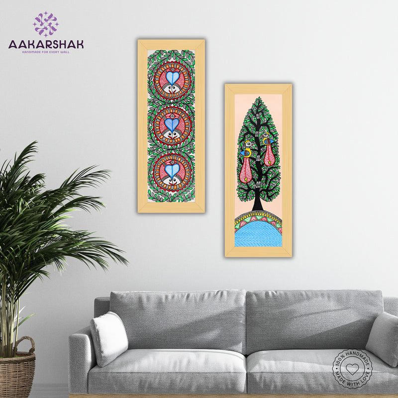 Handmade Madhubani Painting Set of 2 – Fish & Peacock Wall Decor 8x23