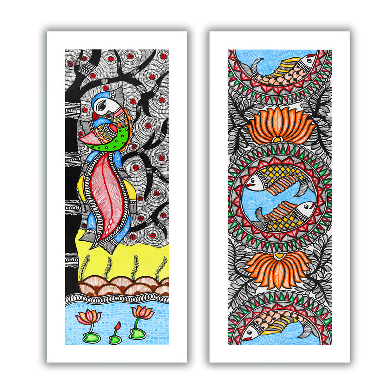 Handmade Madhubani Painting Set of 2 – Peacock and Fish Wall Decor 8x23