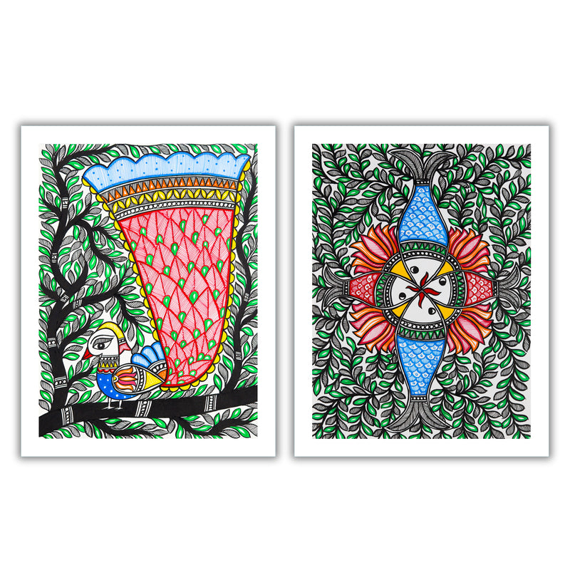 Handmade Madhubani Painting Set of 2 –  Peacock and Fish  12x16
