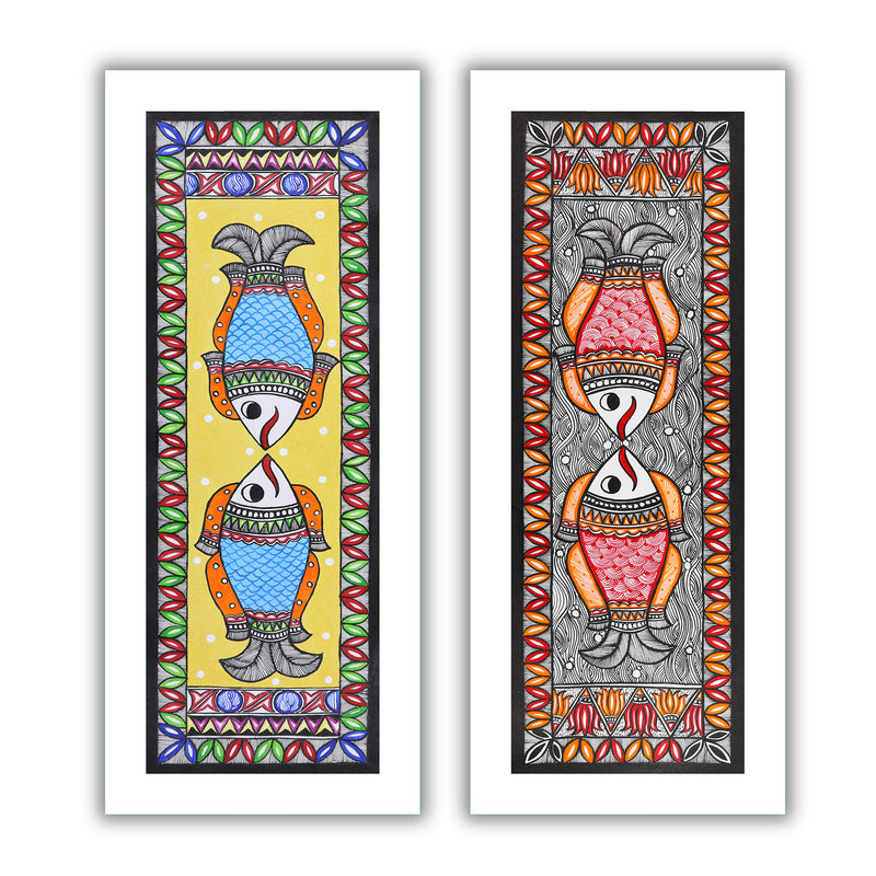 Handmade Madhubani Painting Set of 2 – Fish & Fish Wall Decor 8x23