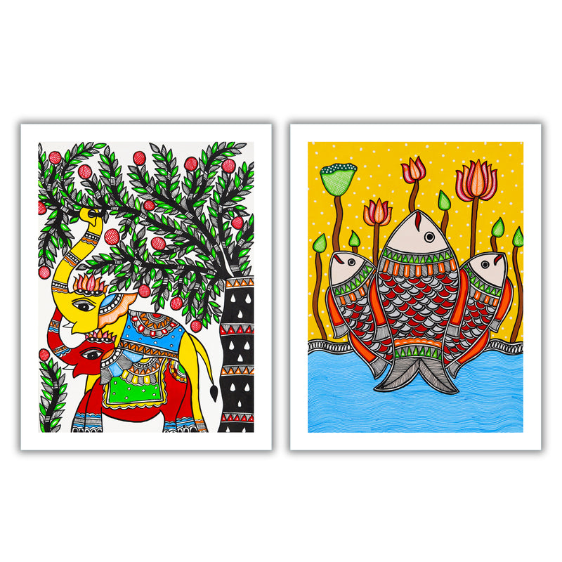 Handmade Madhubani Painting Set of 2 – Elephant and Fish  12x16