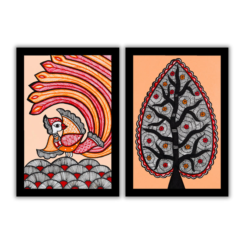 Handmade Peacock and Tree of life Madhubani Painting 8x12 Set of 2