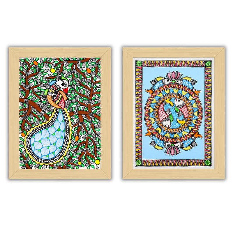 Handmade Madhubani Painting Set of 2 –  Peacock and Fish  12x16