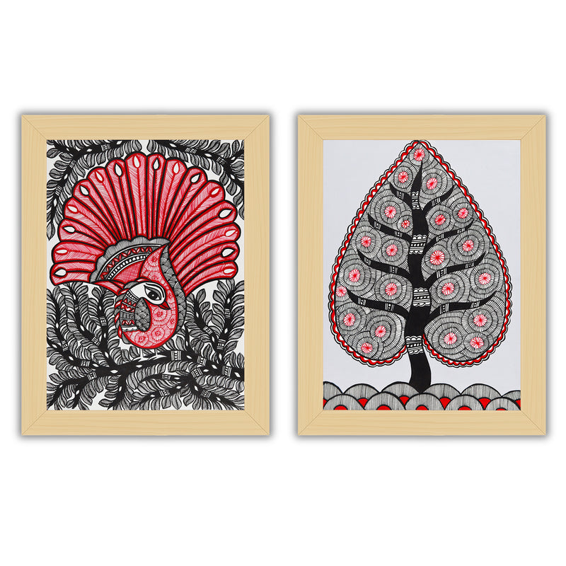 Handmade Madhubani Painting Set of 2 – Peacock and Tree of life 12x16