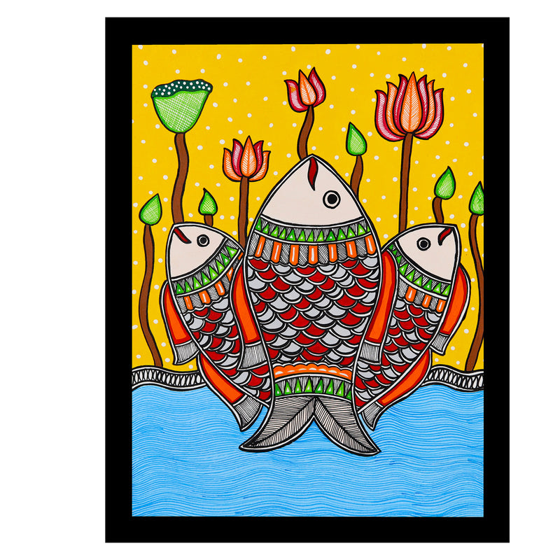 Handmade Madhubani Fish Painting 12x16 Inch  Wall Decor