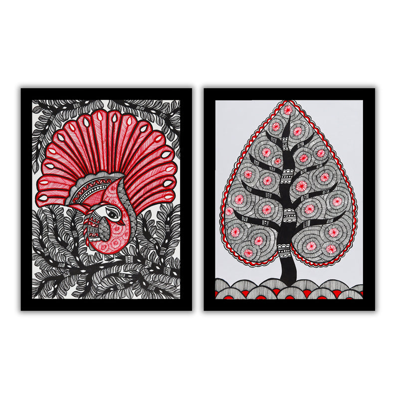 Handmade Madhubani Painting Set of 2 – Peacock and Tree of life 12x16