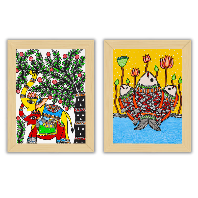 Handmade Madhubani Painting Set of 2 – Elephant and Fish  12x16