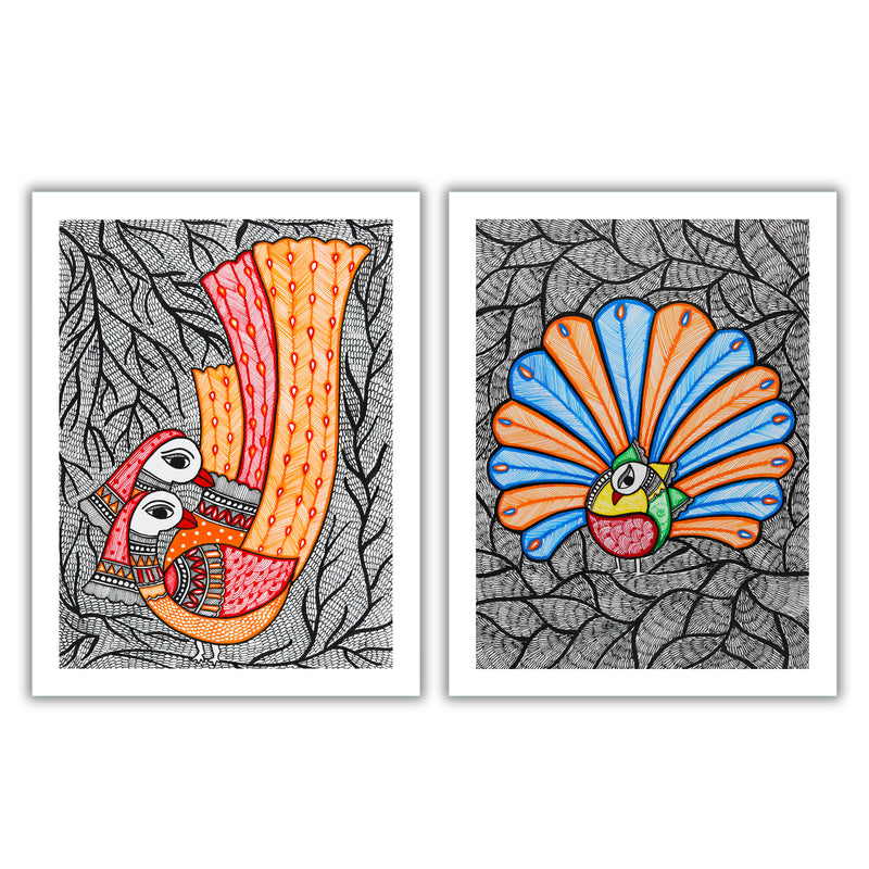 Handmade Madhubani Painting Set of 2 –  Peacock 12x16