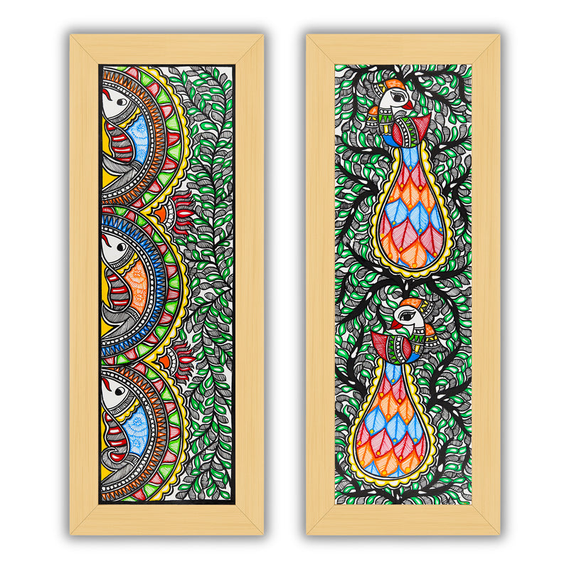 Handmade Madhubani Painting Set of 2 – Fish & Peacock Wall Decor 8x23