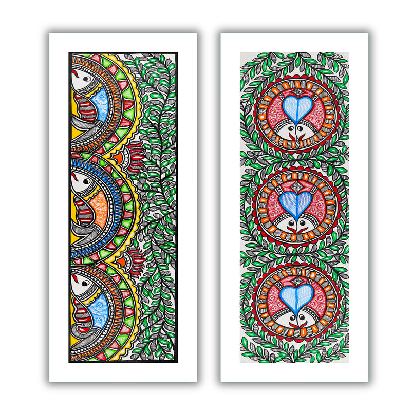Handmade Madhubani Painting Set of 2 – Fish & Fish Wall Decor 8x23