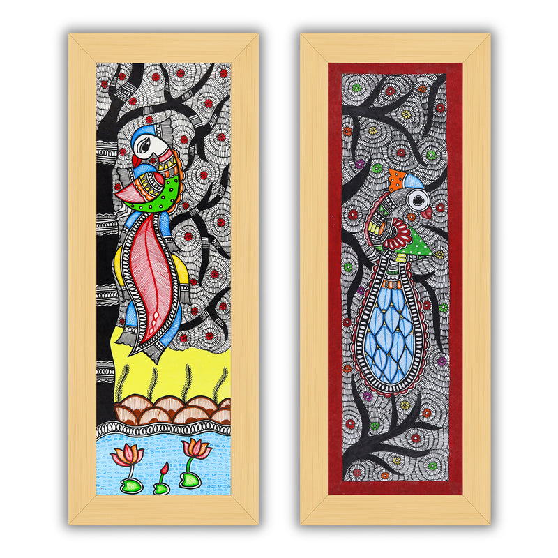 Handmade Madhubani Painting Set of 2 – Peacock and Peacock Wall Decor 8x23
