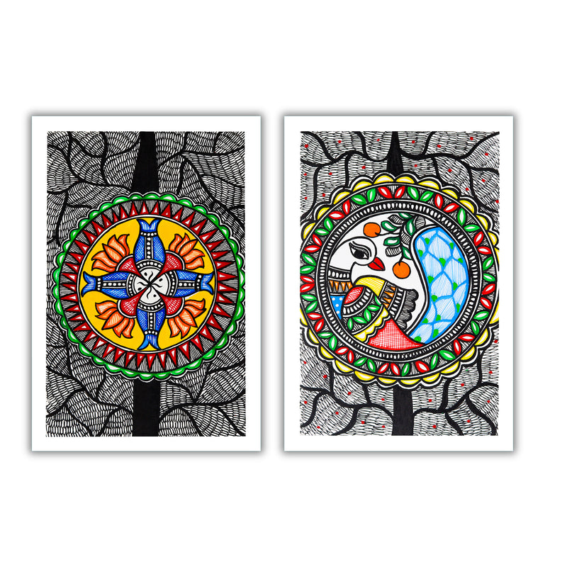 Handmade Fish and Peacock Madhubani Painting 8x12 Set of 2