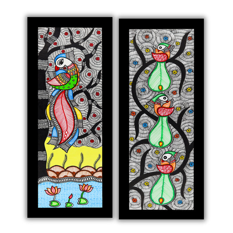 Handmade Madhubani Painting Set of 2 – Peacock and Peacock Wall Decor 8x23