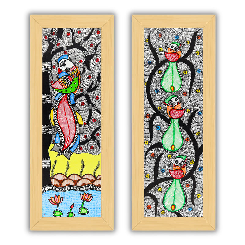 Handmade Madhubani Painting Set of 2 – Peacock and Peacock Wall Decor 8x23